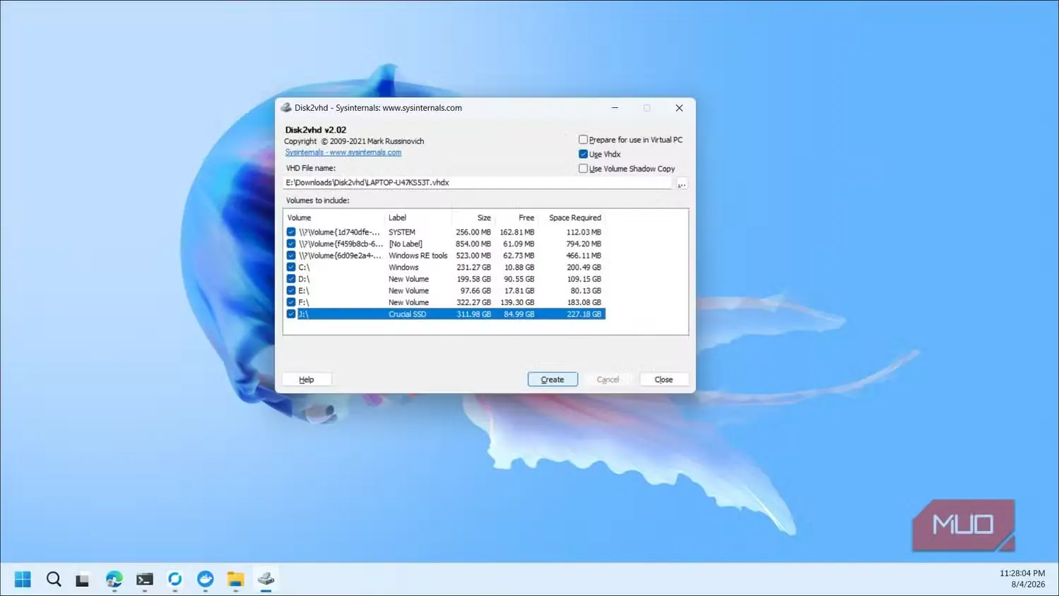 دیالوگ انتخاب درایو Disk2vhd برای ایجاد دیسک سخت مجازی از چند درایو