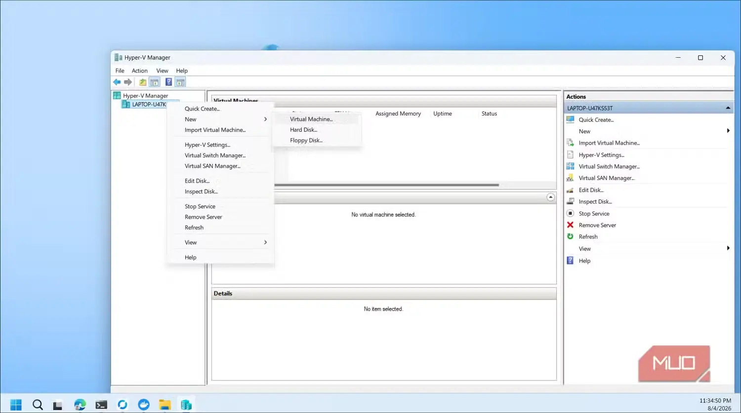 رابط مدیریت Hyper-V با منوی باز ایجاد ماشین مجازی