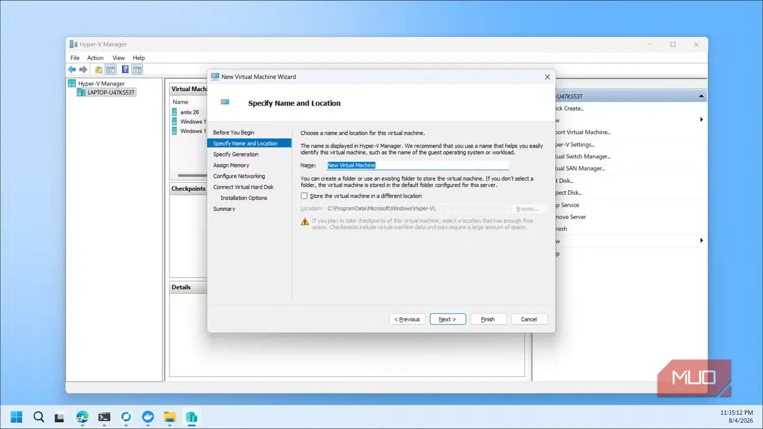 جادوگر ماشین مجازی جدید Hyper-V Manager دیالوگ نام و مکان