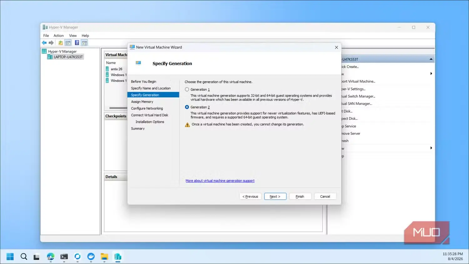 جادوگر ماشین مجازی جدید Hyper-V Manager دیالوگ مشخص‌سازی نسل