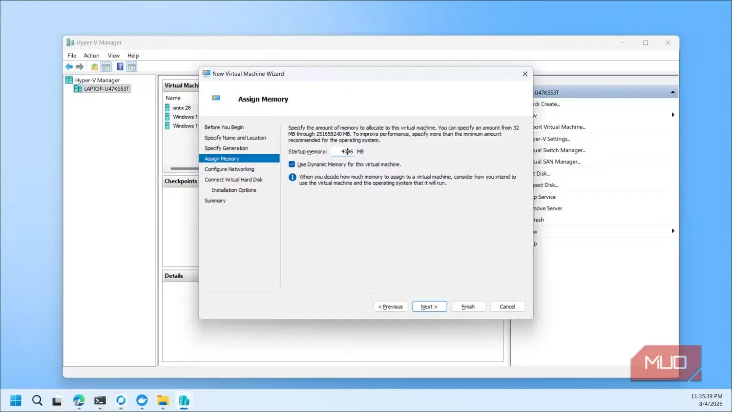 جادوگر ماشین مجازی جدید Hyper-V Manager دیالوگ اختصاص حافظه