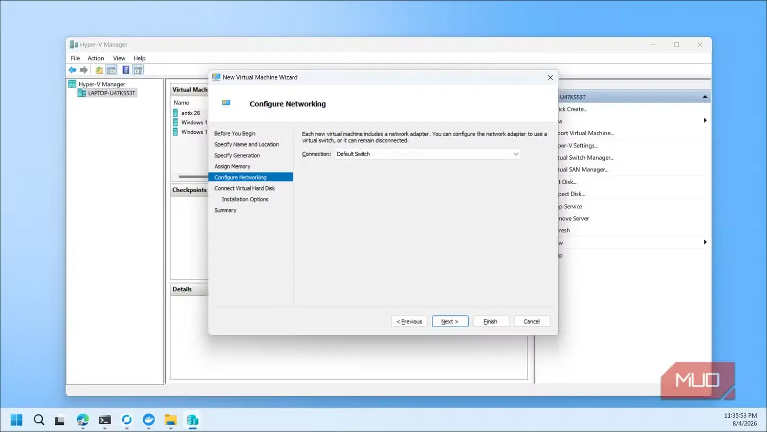 جادوگر ماشین مجازی جدید Hyper-V Manager دیالوگ پیکربندی شبکه