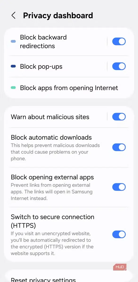 تنظیمات داشبورد حریم خصوصی در سامسونگ اینترنت