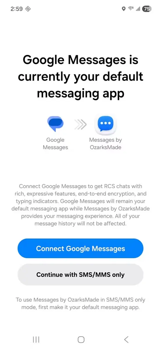 صفحه راهاندازی پیامرسان با پیشنهاد یکپارچهسازیGoogle Messages RCS