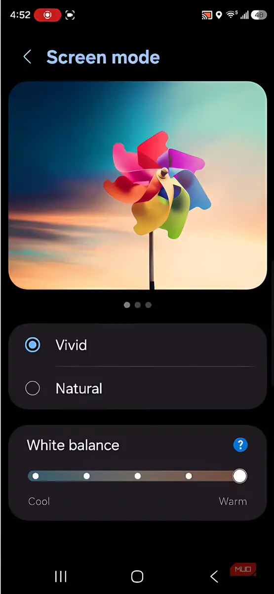 حالت صفحه نمایش در گوشی Galaxy S26 Ultra با ویوید انتخابشده و نوار لغزان سفیدی تعادل