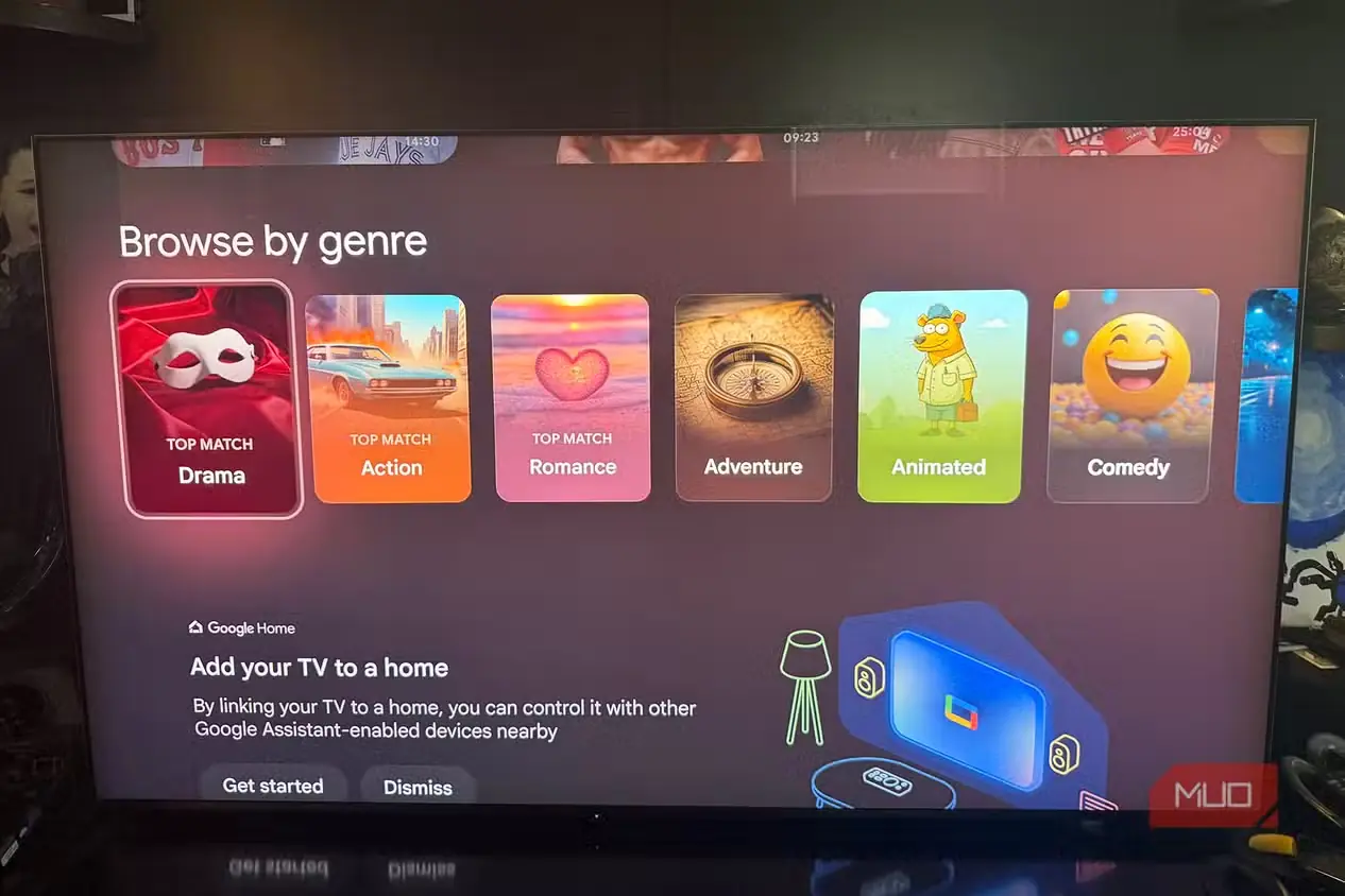 تلویزیون Sony Bravia 9 miniLED که امکان مرور بر اساس ژانر را نمایش میدهد