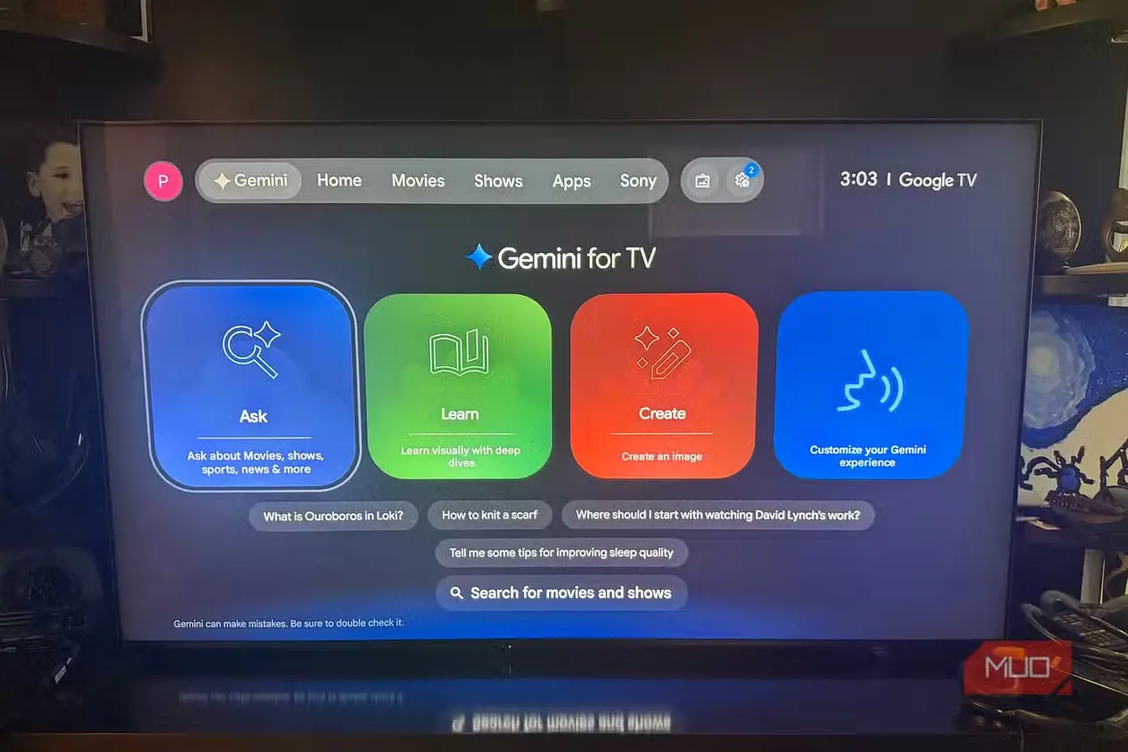 صفحهٔ Gemini برای تلویزیون روی تلویزیون Sony Bravia 9 miniLED