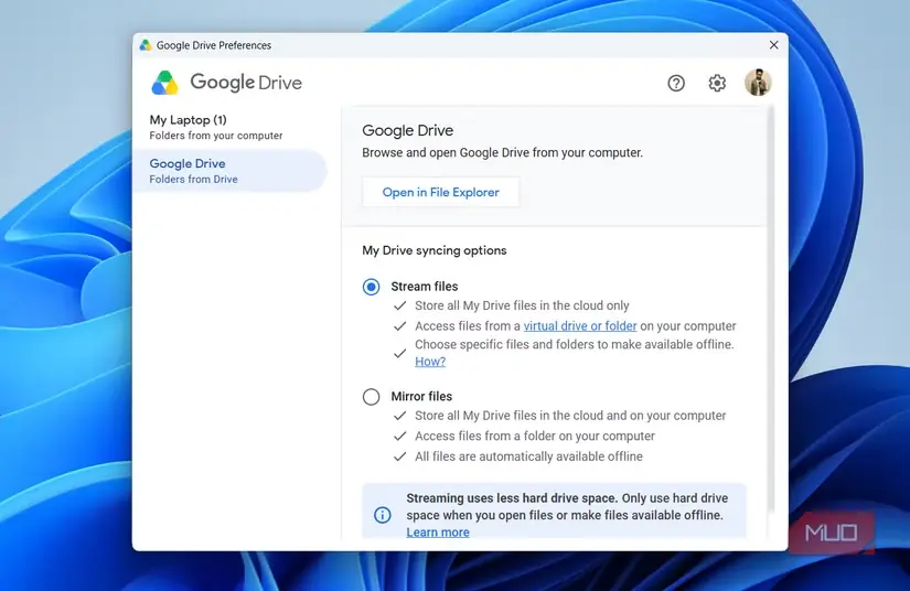 منوی تنظیمات Google Drive در ویندوز