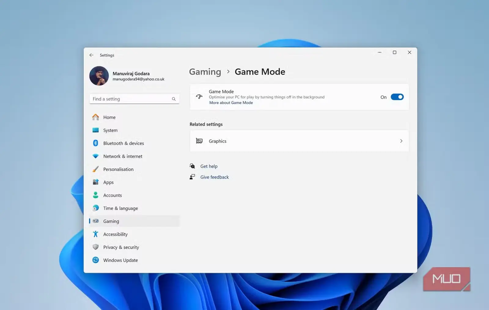 صفحه تنظیمات ویندوز Game Mode