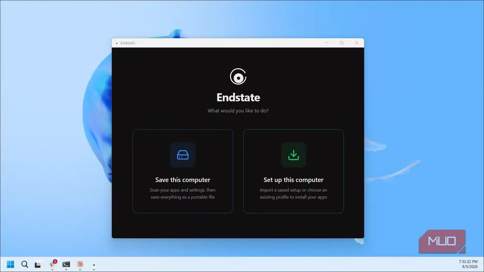 صفحه آغازین برنامه Endstate با گزینههای ذخیره و راهاندازی