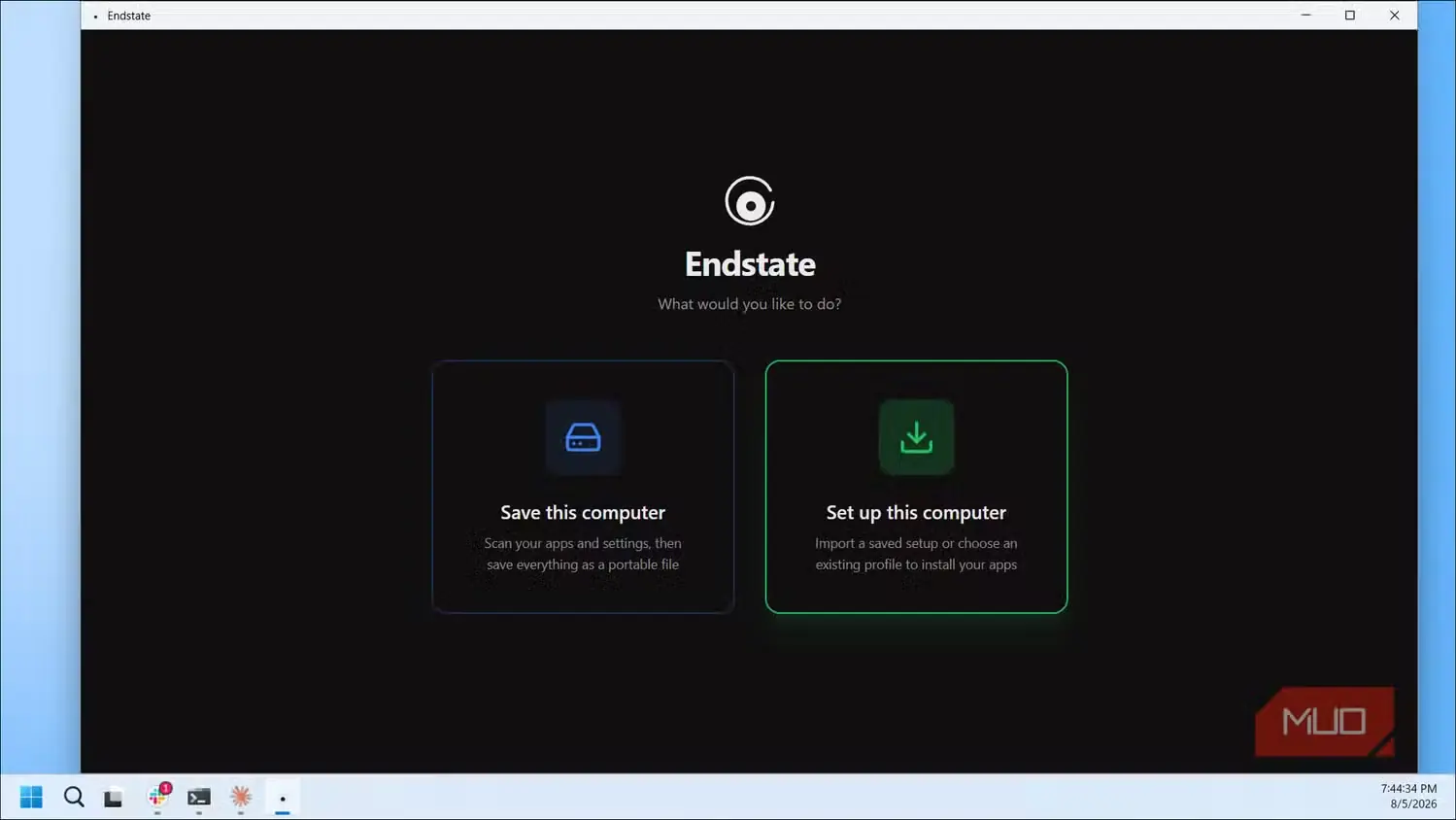 منوی اصلی Endstate با گزینههای ذخیره و راهاندازی