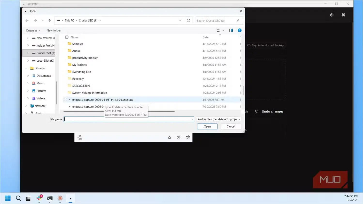 پنجره باز کردن Endstate در حال مرور SSD حیاتی با پروندههای بسته برداشت