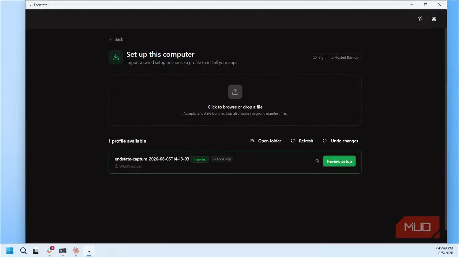 صفحه وارد کردن نمایه راهاندازی رایانه در Endstate با بسته برداشت در دسترس