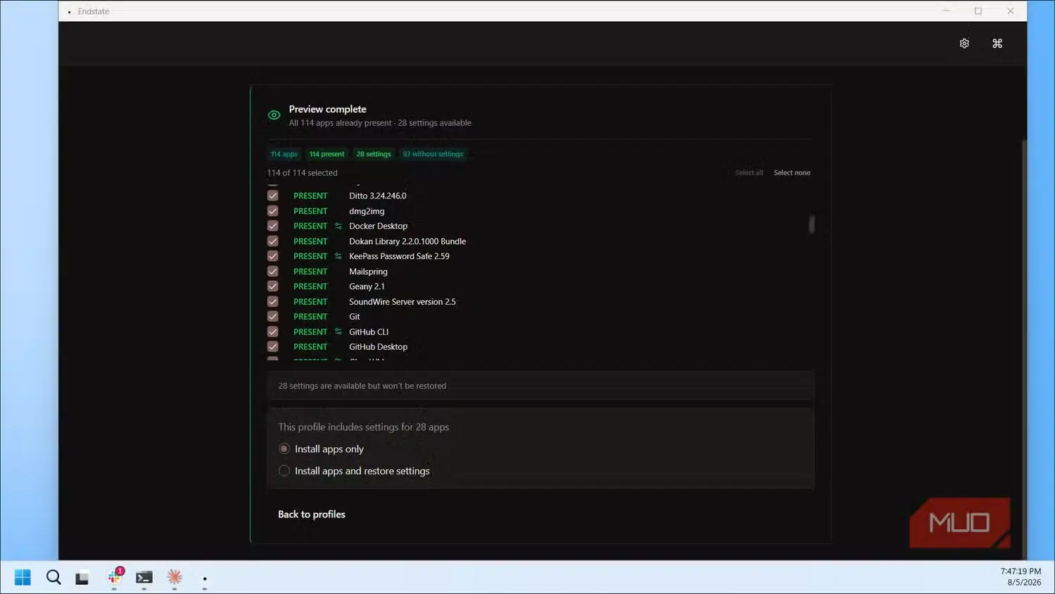 پیشنمایش کامل Endstate با ۱۱۴ برنامه نصبشده و تنظیمات نصب