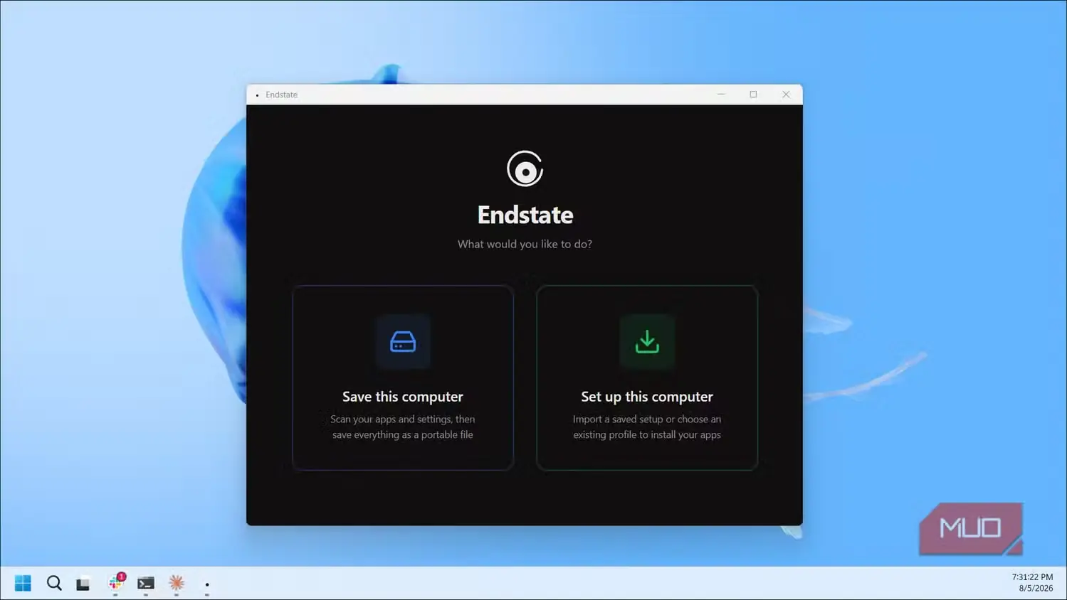 صفحه آغازین برنامه Endstate با گزینههای ذخیره و راهاندازی — نسخه ۱