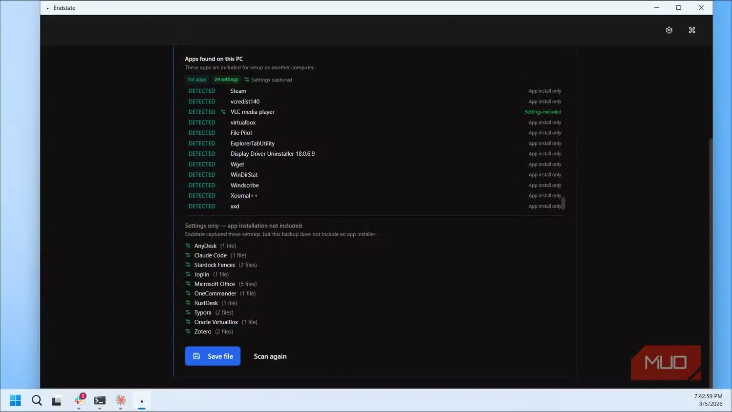 نتایج اسکن برنامه Endstate با برنامهها و تنظیمات شناساییشده روی رایانه