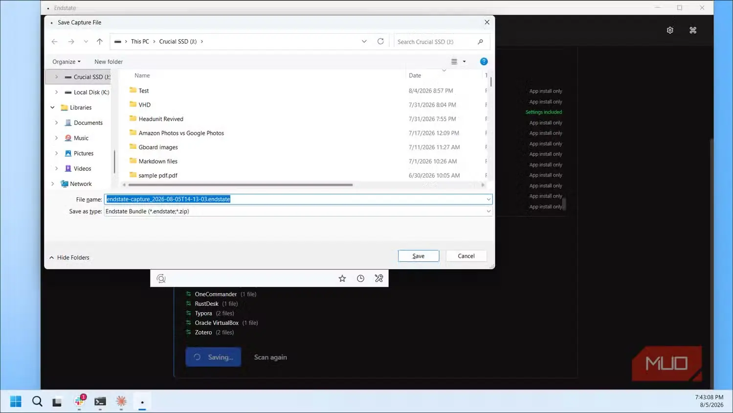 پنجره ذخیره پرونده برداشت در Endstate با نام فایل بسته و مکان حیاتی SSD