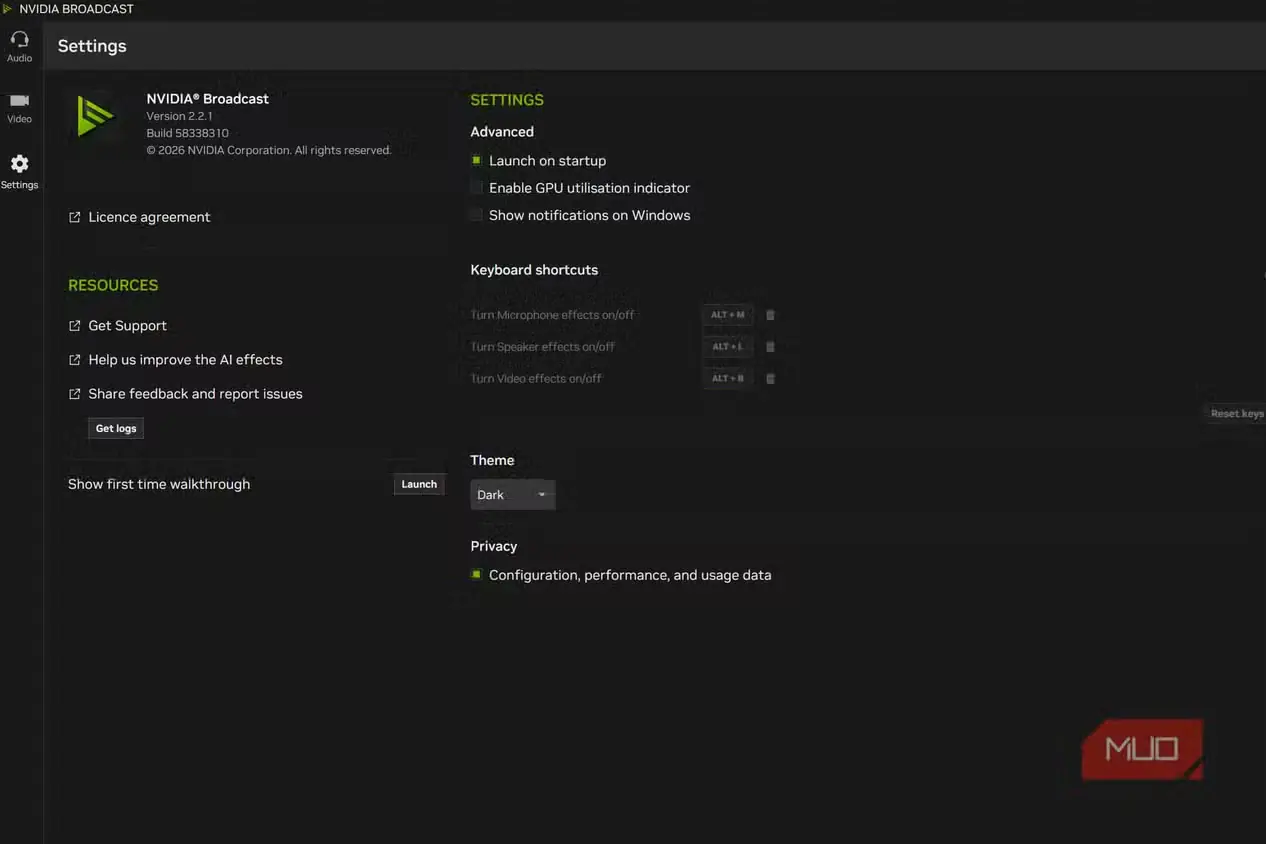 تنظیمات Nvidia Broadcast