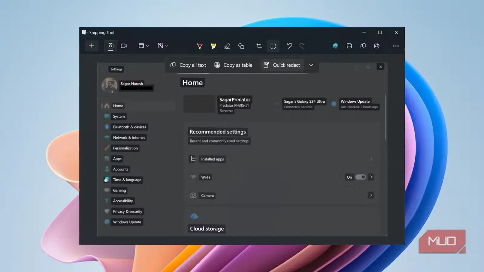 منوی عملیات متنی ابزار Snipping Tool با ویژگی حذف سریع که اطلاعات شخصی حساس را در برنامه تنظیمات ویندوز مخفی میکند.
