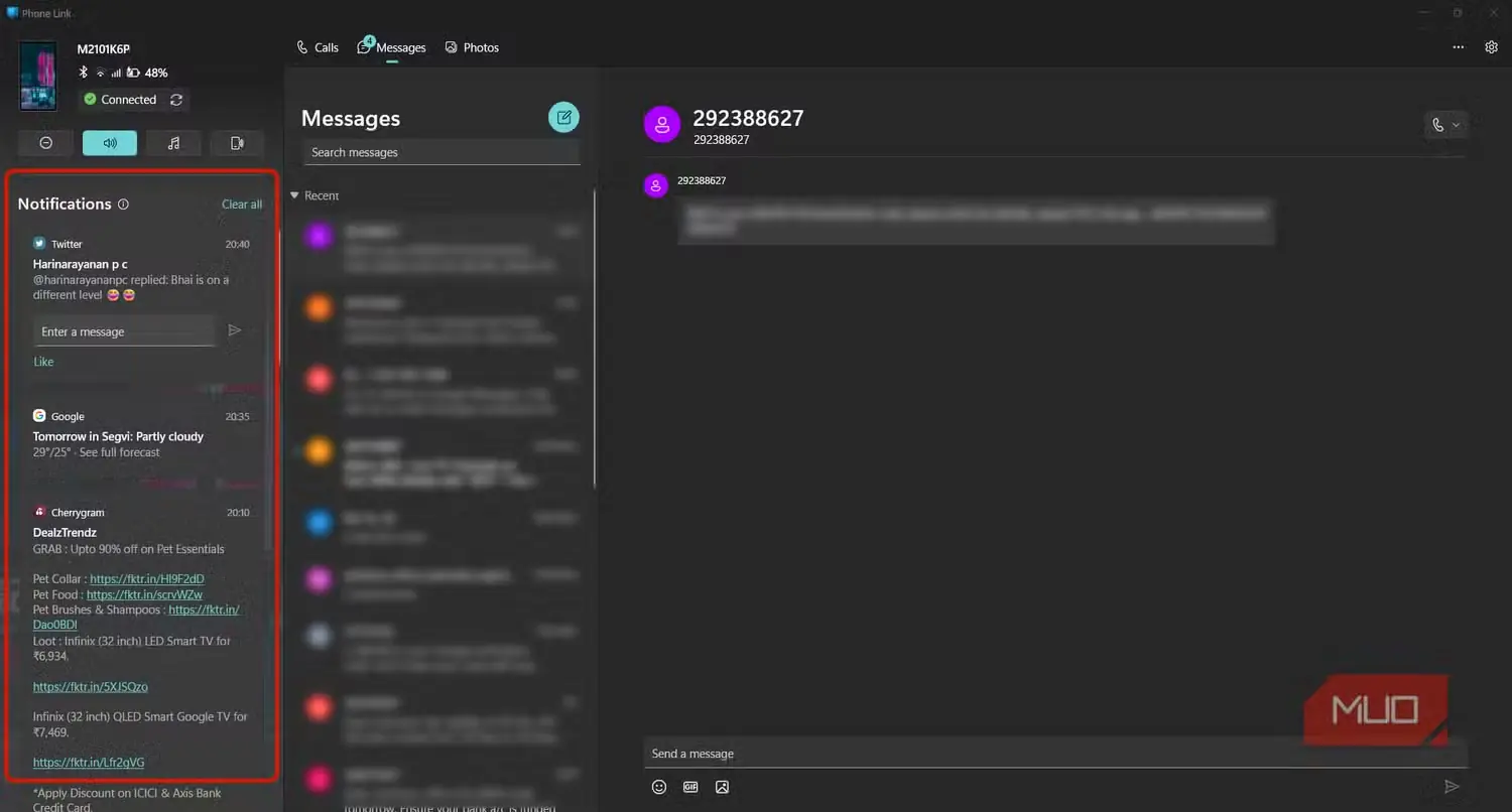پنل اعلانهای تلفن در داخل برنامهی Phone Link روی رایانهی ویندوز که با کادر قرمز مشخص شده است.