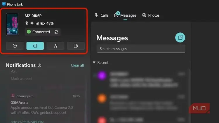 وضعیت همگامسازی تلفن که در برنامهی Phone Link در ویندوز ۱۱ نمایش داده میشود.