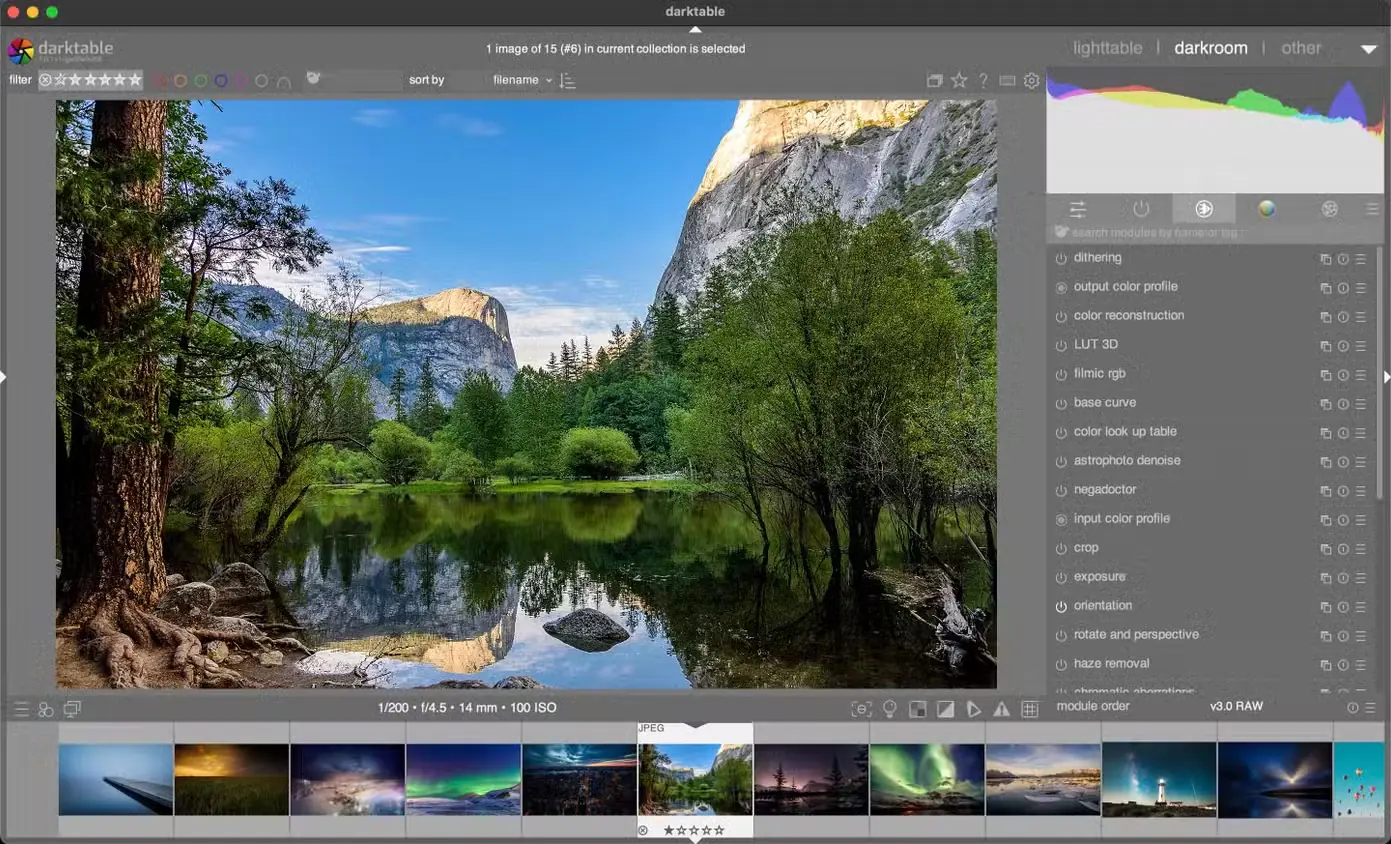 نمایش برنامه darktable برای پردازش عکس