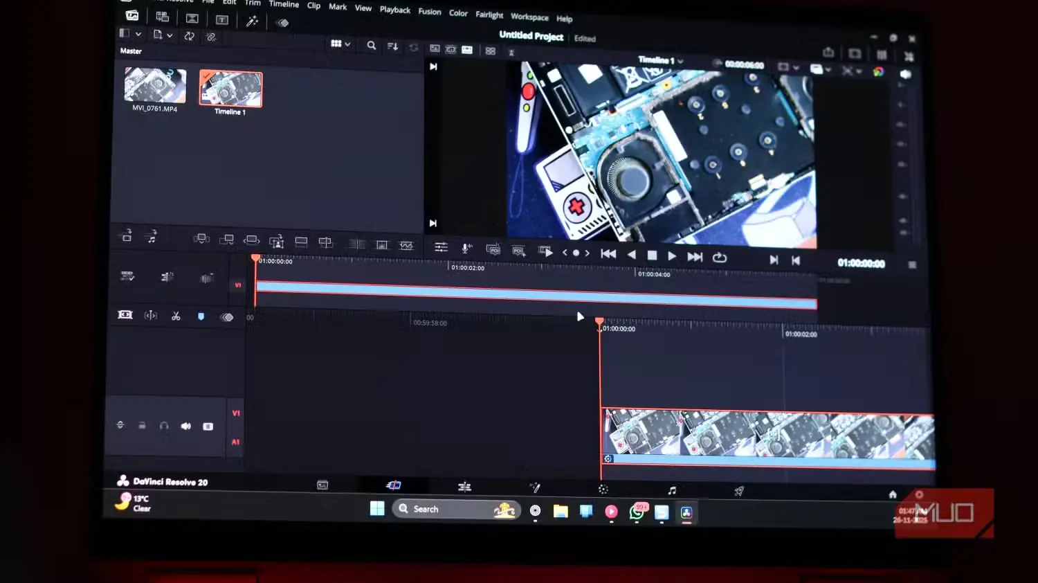 برنامه DaVinci Resolve در حال اجرا در حالت Cut