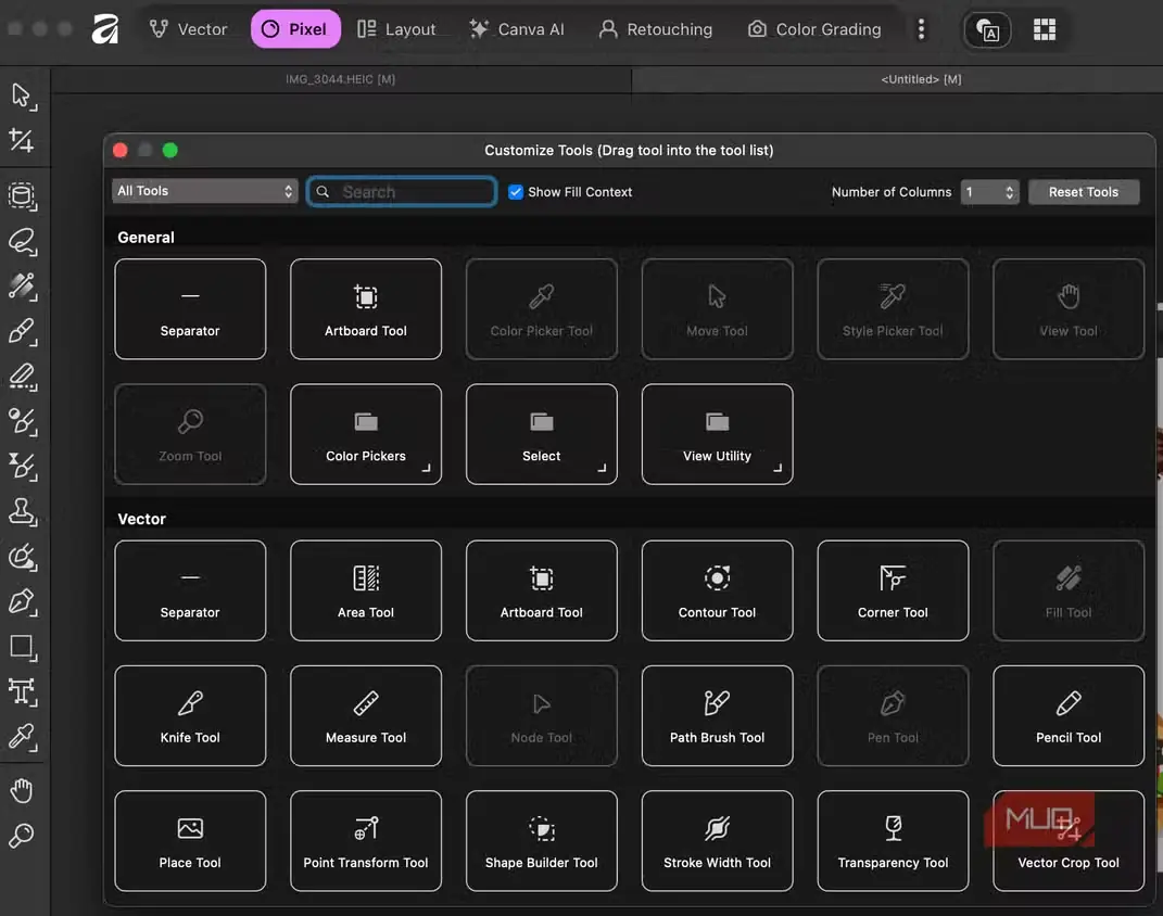 سفارشیسازی ابزارها در برنامه Affinity