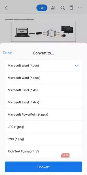 منوی تبدیل اپلیکیشن PDFgear در اندروید