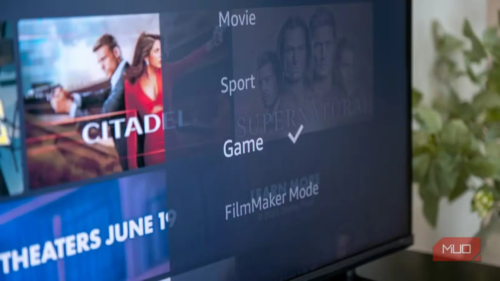 Hisense U6SF Pro نمایشگر منوی انتخاب حالت تصویر Fire TV با حالت بازی، نمای جانبی با گیاه در پسزمینه