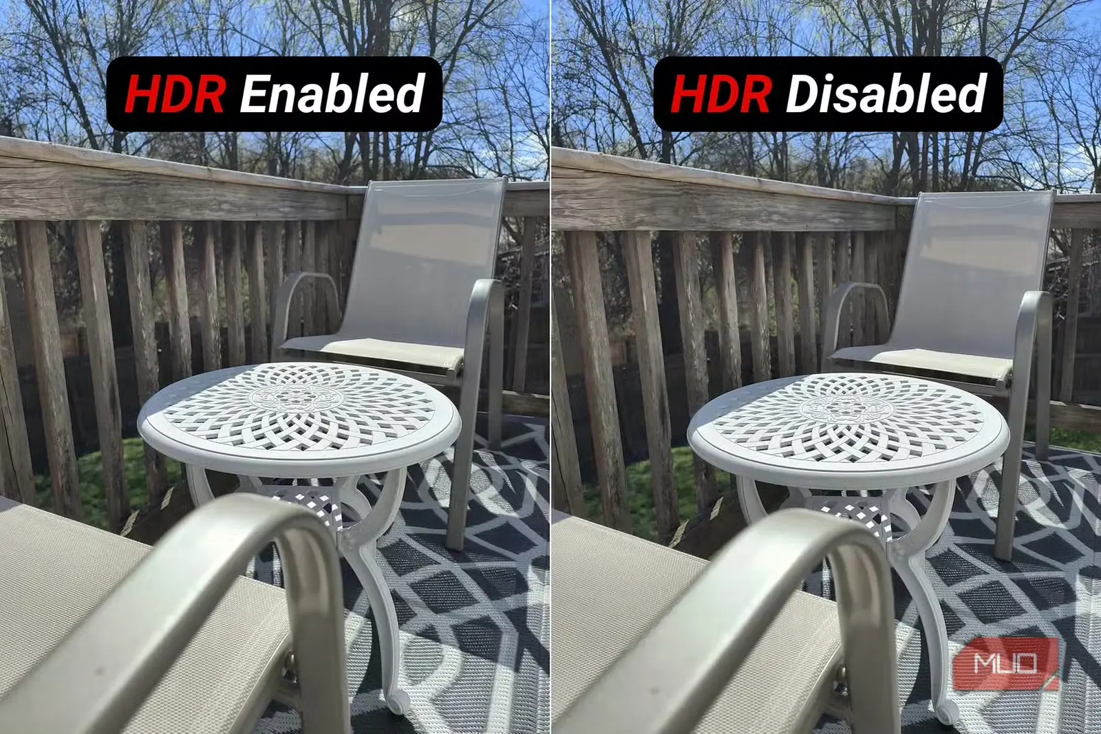 تصویر تقسیمشده نمایش همان عکسی با HDR فعال و غیرفعال