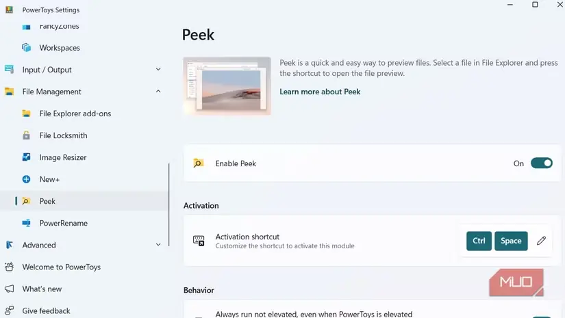 تنظیمات قابلیت Peek در مجموعه PowerToys