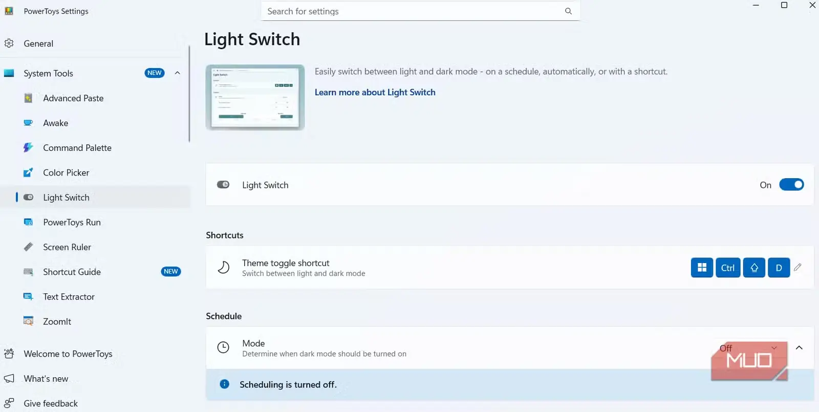 ابزار Light Switch در مجموعه PowerToys