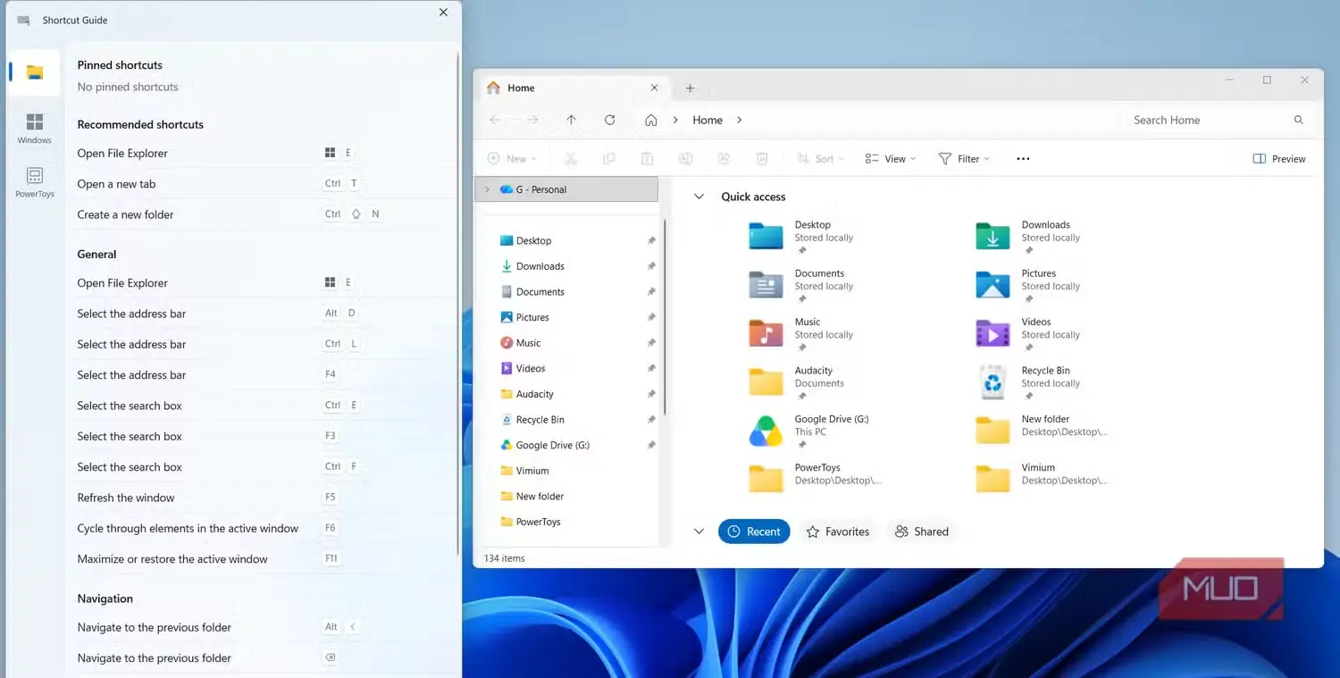 راهنمای میانبرهای PowerToys با باز بودن File Explorer روی میزکار