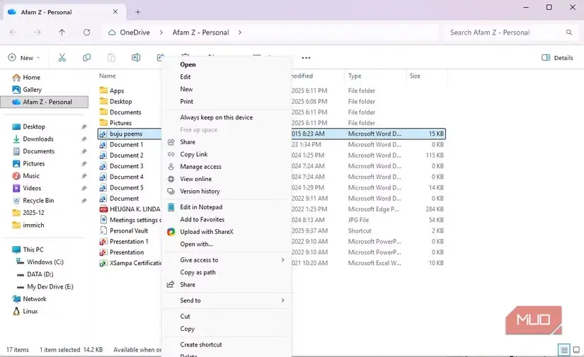 گزینهٔ تاریخچه نسخهها در OneDrive