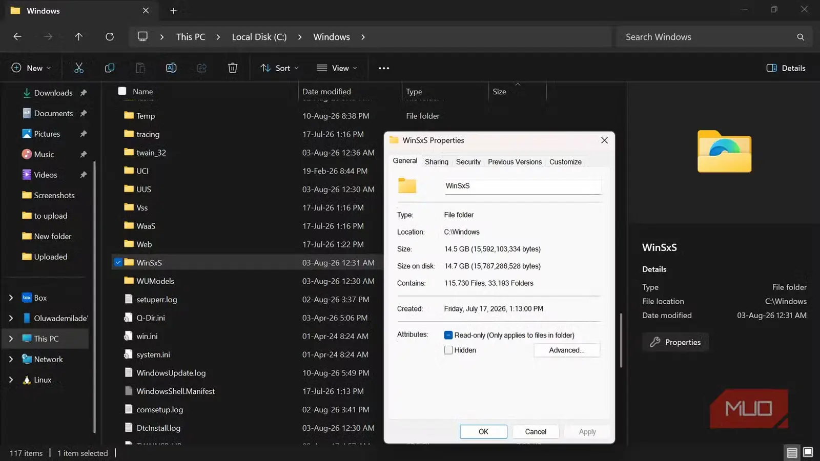 پنجره File Explorer ویندوز نمایشدهنده ویژگیهای پوشهٔ WinSxS