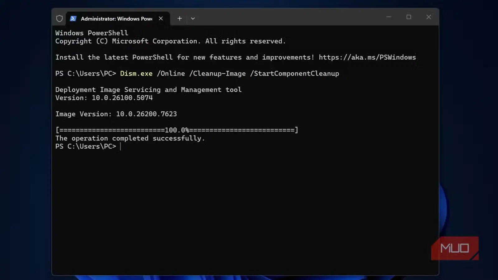 فرمان DISM در Windows Terminal برای آغاز پاکسازی مؤلفهها