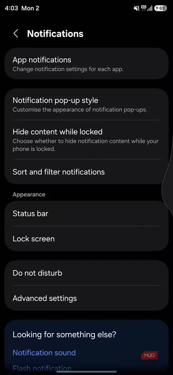 Settings اندروید که ناوبری بازگشت سراسری سیستم را نشان میدهد