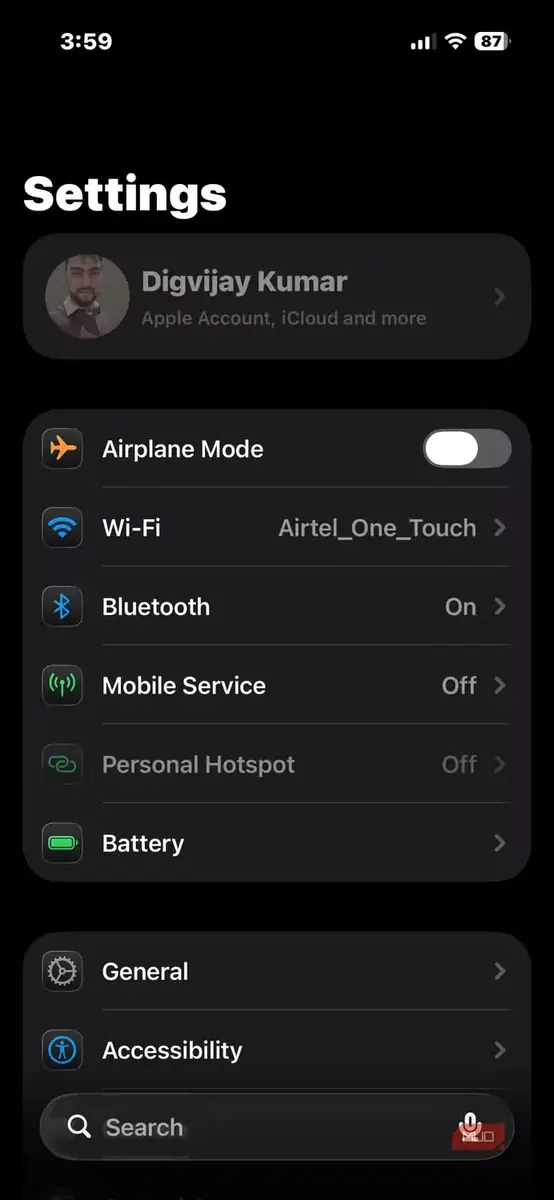 صفحه اصلی Settings آیفون