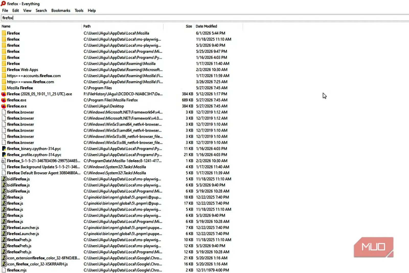 جستجوی Everything برای مشاهده فایل‌های زیر نام Firefox.
