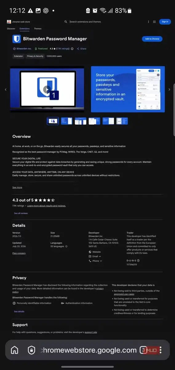 Bitwarden داخل Chrome Web Store واقعی با دکمهی Add to Chrome پیداست