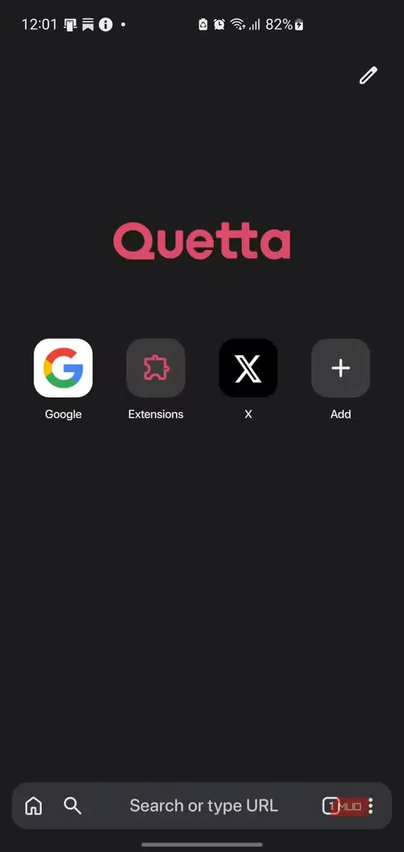 صفحهی خانگی Quetta با میانبر برجستهی Extensions