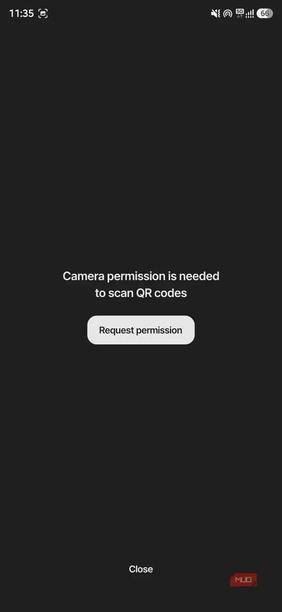 صفحه درخواست مجوز دوربین برای اسکن کد QR