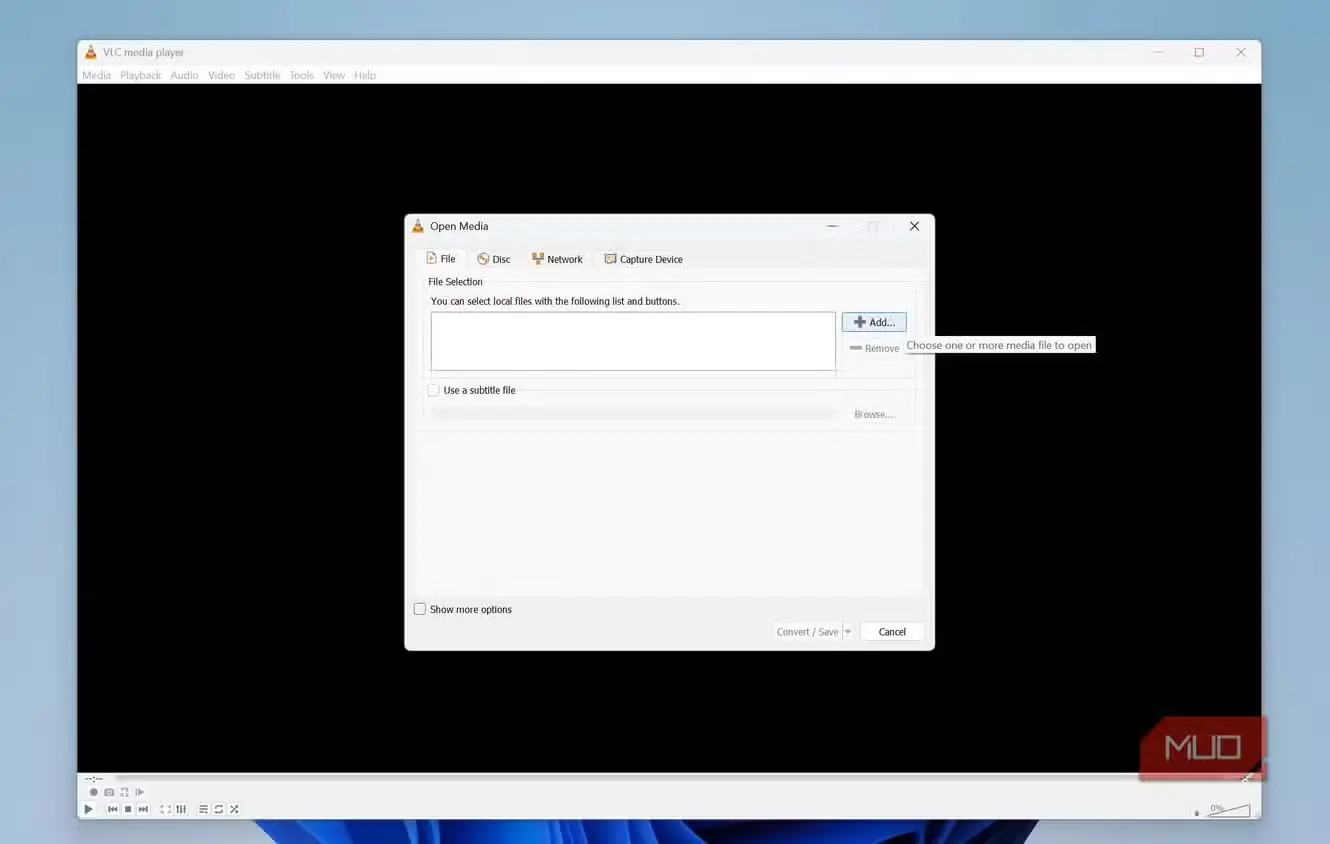 گزینهٔ افزودن فایل در پنجرهٔ تبدیل VLC