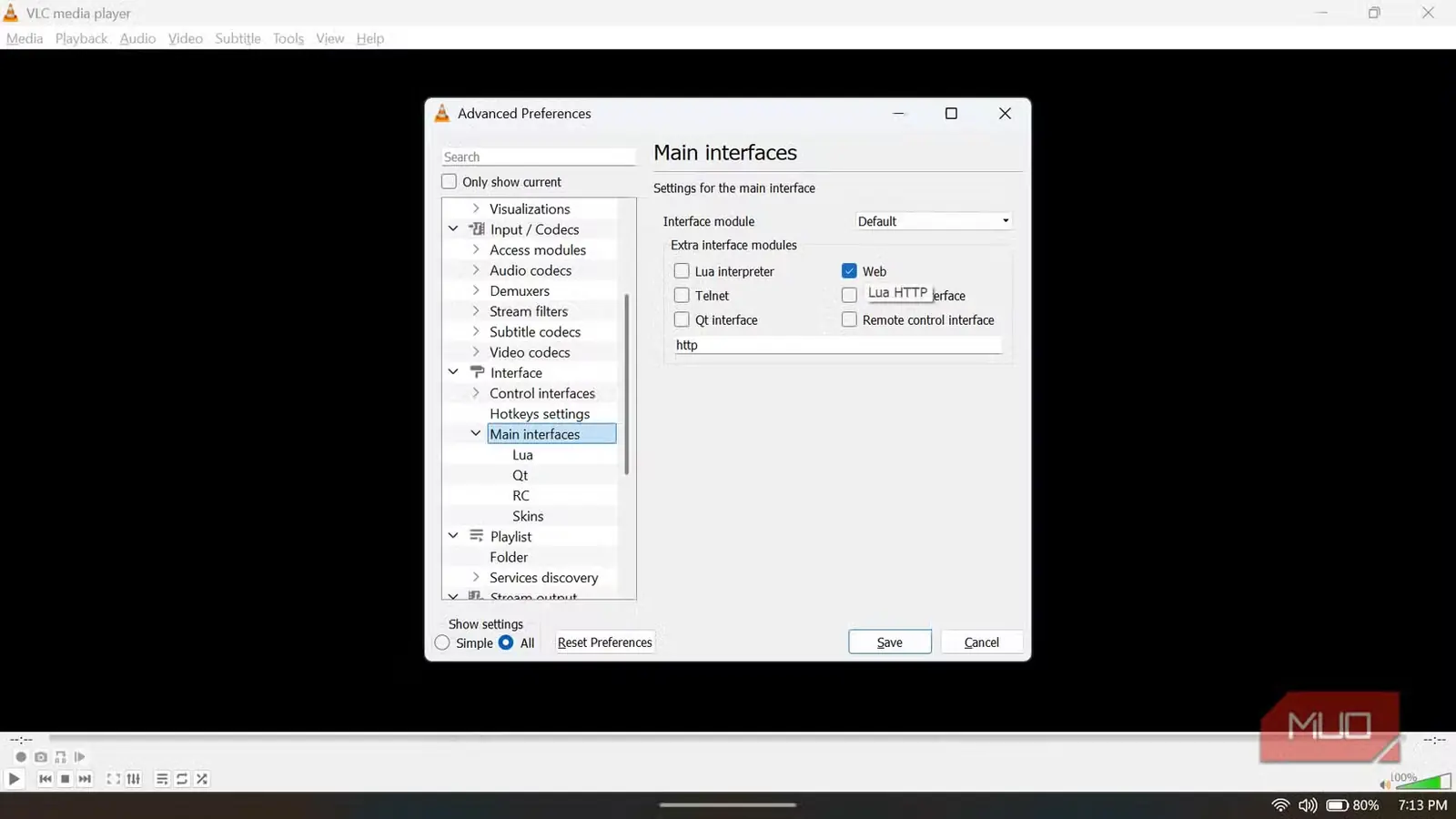 تنظیمات پیشرفتهٔ VLC با نمایش منوی رابطهای اصلی و فعال بودن کادر انتخاب ماژول وب