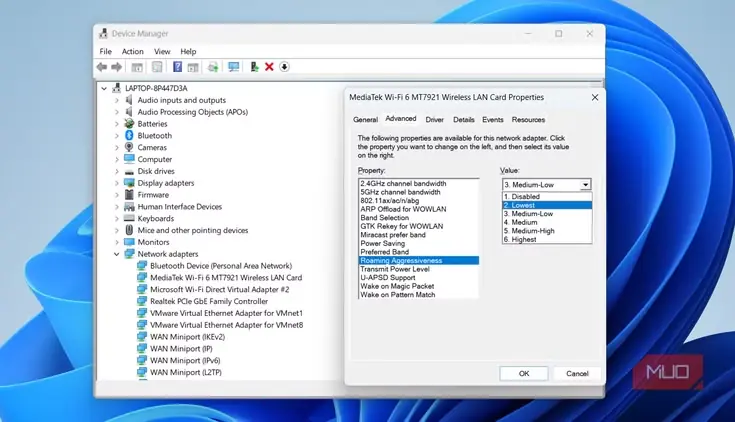 نمایش تنظیم رومینگ آداپتور Wi-Fi در Device Manager