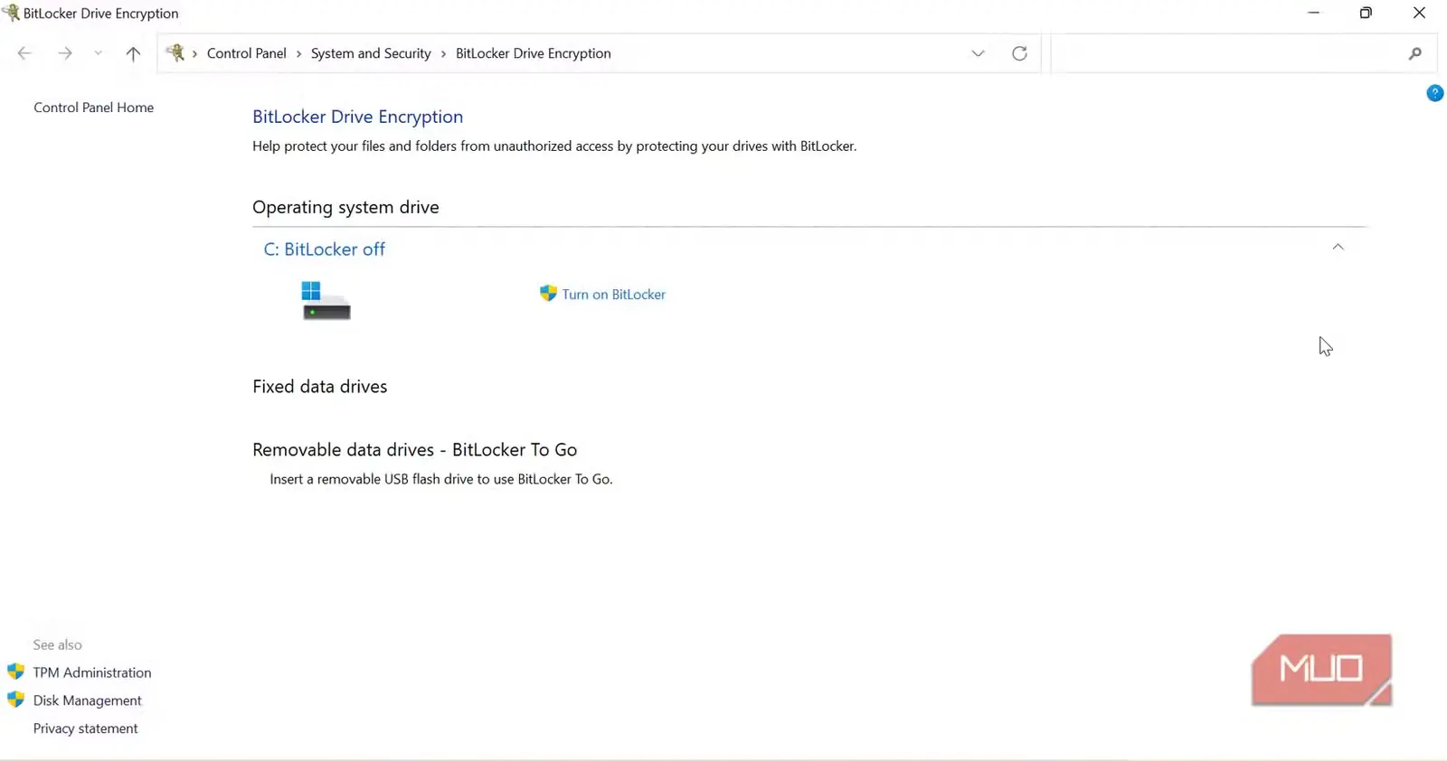 گزینه BitLocker در کنترل پنل ویندوز