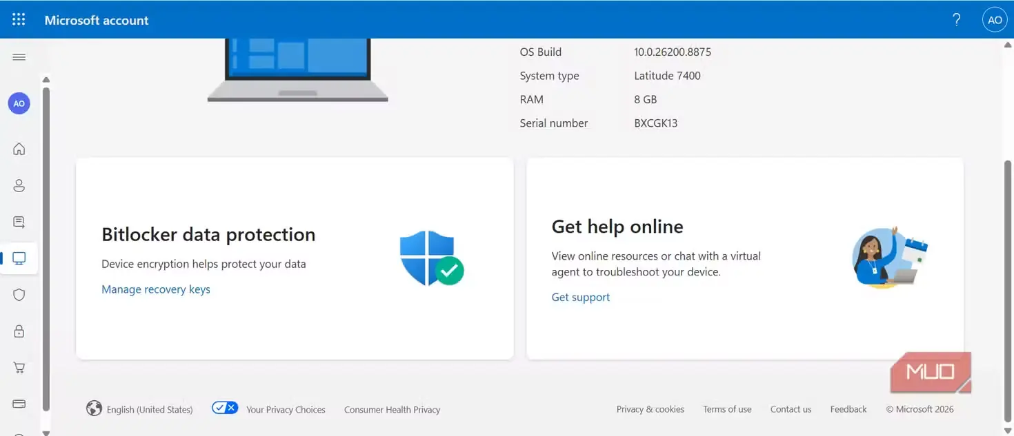 مدیریت کلیدهای بازیابی در حساب Microsoft