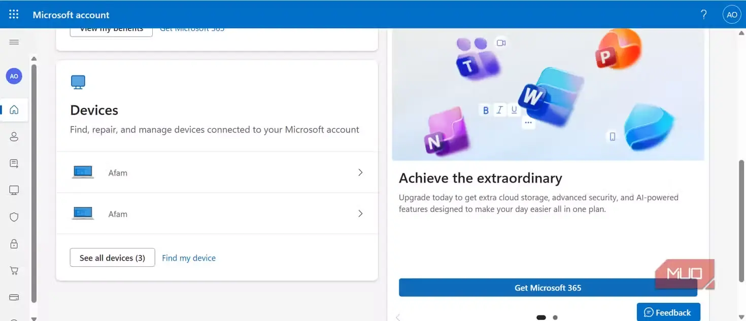 دستگاهها در حساب Microsoft
