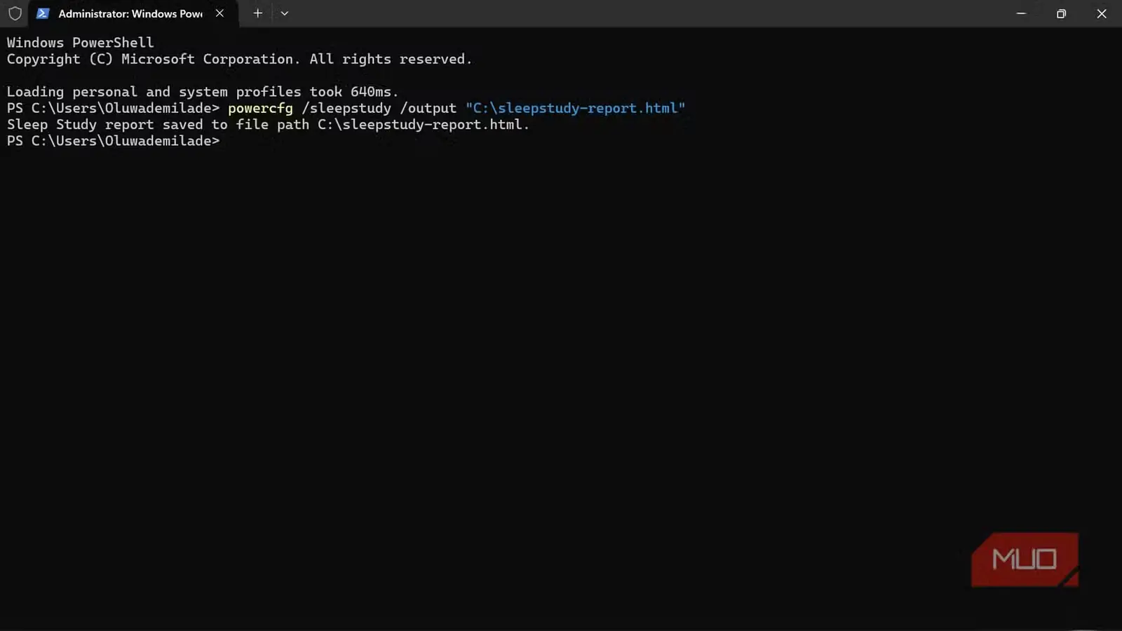 ویندوز PowerShell در حال اجرای فرمان sleepstudy در powercfg